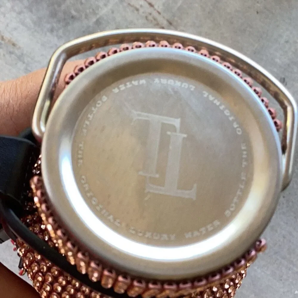 New Tomo Rhinestone Water Bottle w/ Vegan Leather Glam Bag Holder Rose Gold